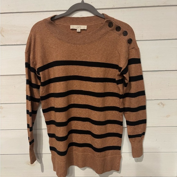 LOFT Camel/Tan and Black Striped Crew Neck Sweater with Button details . - Picture 4 of 13